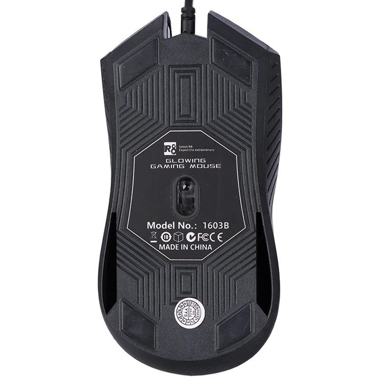 ماوس R8 1603B سیمی، اتصال USB، Plug & Play، کابل ۱.۲۵ متری، محدوده DPI ۸۰۰ تا ۱۶۰۰، جنس ABS مقاوم