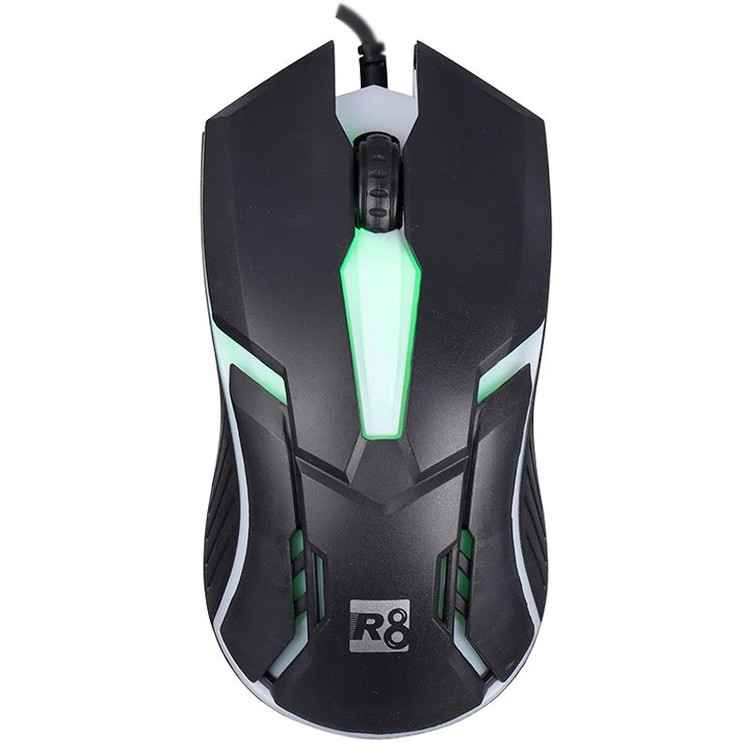 ماوس گیمینگ R8 مدل 1603B، ابعاد ۱۲۲×۶۱×۳۹ میلی متر، وزن ۷۱ گرم، نور RGB داخلی، استاندارد CE/FCC