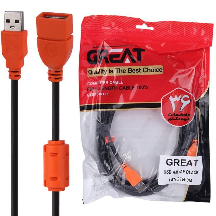 کابل افزایش طول یو اس بی گریت 3 متری، کابل USB اکستنشن 3 متر، کانکتور USB نر به مادگی، مناسب پرینتر و موس و کیبورد