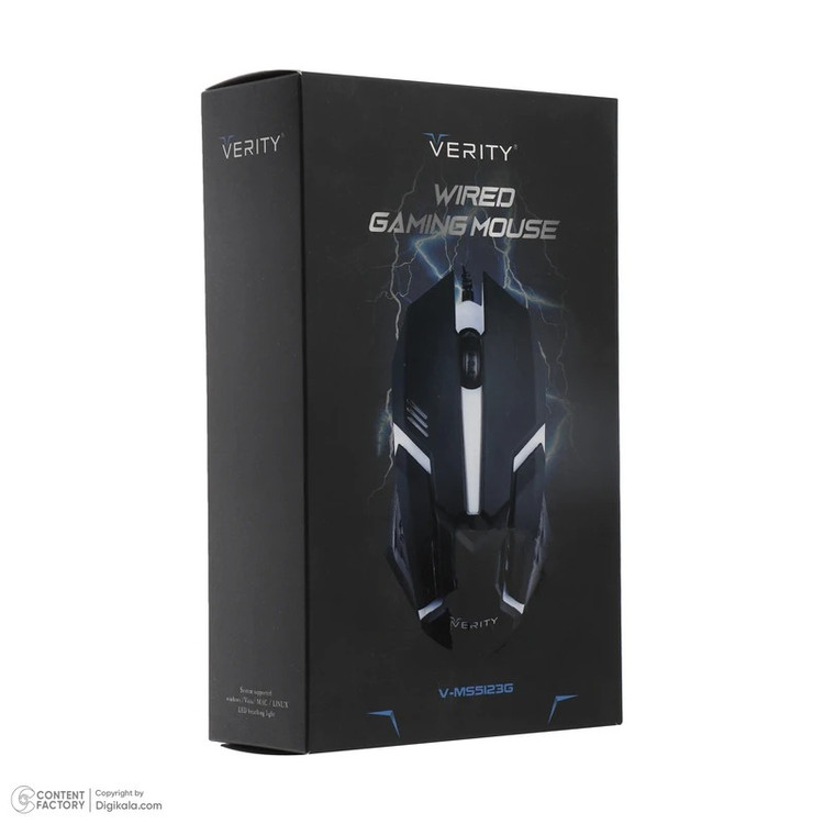 ماوس گیمینگ وریتی مدل V-MS5123G، سیمی با کابل USB، حسگر اپتیکال ۲۴۰۰ DPI، طراحی برای هر دو دست، نورپردازی RGB