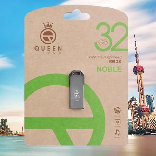 فلش Noble Queen Tech 32GB، ابعاد ۳۰x۱۰x۵ میلی متر، وزن ۲ گرم، مقاوم در برابر شوک و لرزش، گارانتی سلامت کالا