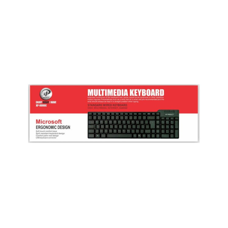 کیبورد ایکس پی XP-8000R، اتصال USB، حروف شفاف و بزرگ، مناسب ادارات و منزل، کلیدهای کم صدا، طراحی مینیمال