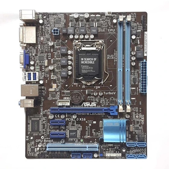 مادربرد ایسوس P8H61-M LE USB3 استوک، همراه پردازنده i3-2120 و فن اورجینال، پنل پشتی کامل با دو پورت USB 3.0، ۲ اسلات DDR3، ۴ پورت SATA II
