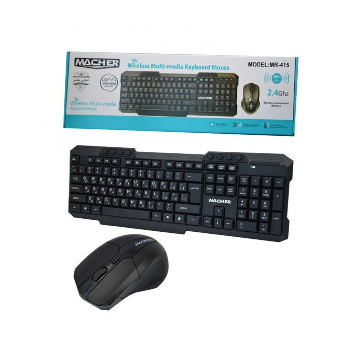 ست کیبورد و ماوس بی سیم مچر مدل MR-415، اتصال با دانگل USB مشترک، کیبورد تمام سایز ۱۰۴ کلید با حروف فارسی، طراحی ارگونومیک