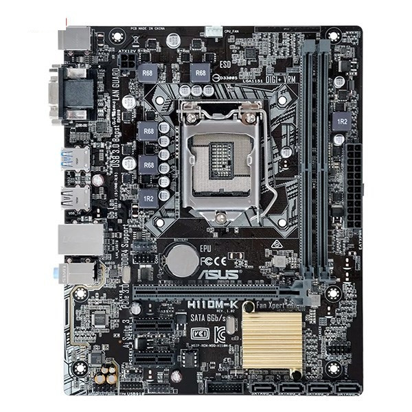 مادربرد ایسوس H110M-K استوک، همراه پردازنده G4400 و فن اورجینال، پنل پشتی کامل با سه خروجی تصویر، ۴ پورت SATA III