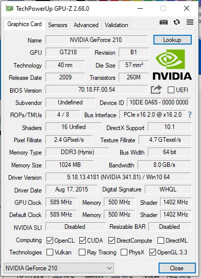 کارت گرافیک استوک GeForce 210 1 گیگ، پشتیبانی از DirectX 10.1، فناوری PureVideo HD، مناسب خروجی تصویر سیستمهای اداری قدیمی