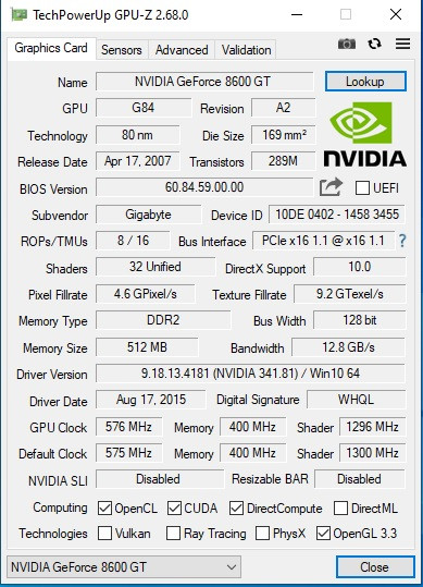 کارت گرافیک استوک GeForce 8600 GT 512 مگ، پشتیبانی از DirectX 10، فناوری SLI، مصرف انرژی 48 وات، قیمت اقتصادی