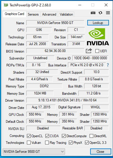 کارت گرافیک استوک GeForce 9500 GT 1 گیگ، پشتیبانی از DirectX 10، فناوری CUDA و PhysX، مناسب خروجی تصویر سیستمهای قدیمی
