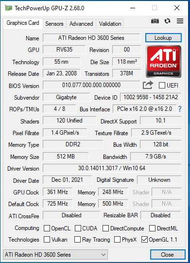 کارت گرافیک استوک Radeon HD 3600 512 مگ، پشتیبانی از DirectX 10.1، فناوری CrossFireX و UVD، مصرف انرژی 57 وات، قیمت اقتصادی