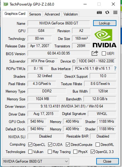 کارت گرافیک استوک GeForce 9500 GT 1 گیگ، پشتیبانی از DirectX 10، فناوری CUDA و PhysX، مناسب خروجی تصویر سیستمهای قدیمی