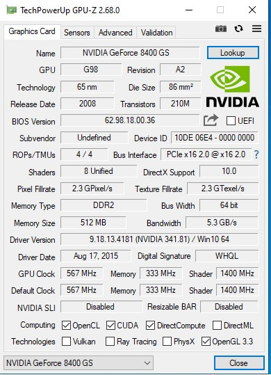 کارت گرافیک استوک GeForce 8400 GS 512 مگ، پشتیبانی از DirectX 10، فناوری PureVideo HD، مصرف انرژی 30 وات، قیمت اقتصادی