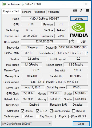 کارت گرافیک Nvidia 9500 GT 1GB DDR2، خروجی HDMI و DVI و VGA، بدون نیاز به برق جداگانه، گارانتی سلامت کالا، ارسال سریع