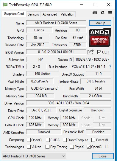 کارت گرافیک استوک Radeon HD 7400 1 گیگ، پشتیبانی از DirectX 11، فناوری Eyefinity، مناسب خروجی تصویر سیستمهای اداری قدیمی