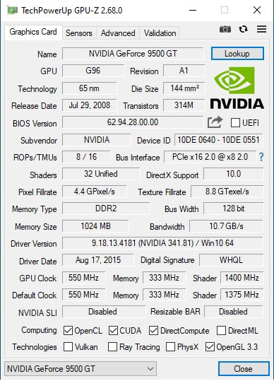 کارت گرافیک استوک GeForce 9500 GT 1 گیگ، پشتیبانی از DirectX 10، فناوری CUDA و PhysX، مناسب خروجی تصویر سیستمهای قدیمی