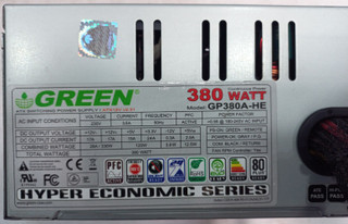 پاور گرین GP380A-HE استوک، پاور غیر ماژولار 380 وات، کانکتور 20+4 پین، 4 پورت SATA، Active PFC، گارانتی سلامت کالا