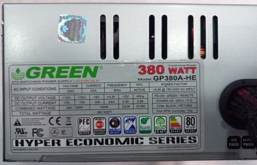 پاور گرین GP380A-HE استوک، پاور غیر ماژولار 380 وات، کانکتور 20+4 پین، 4 پورت SATA، Active PFC، گارانتی سلامت کالا