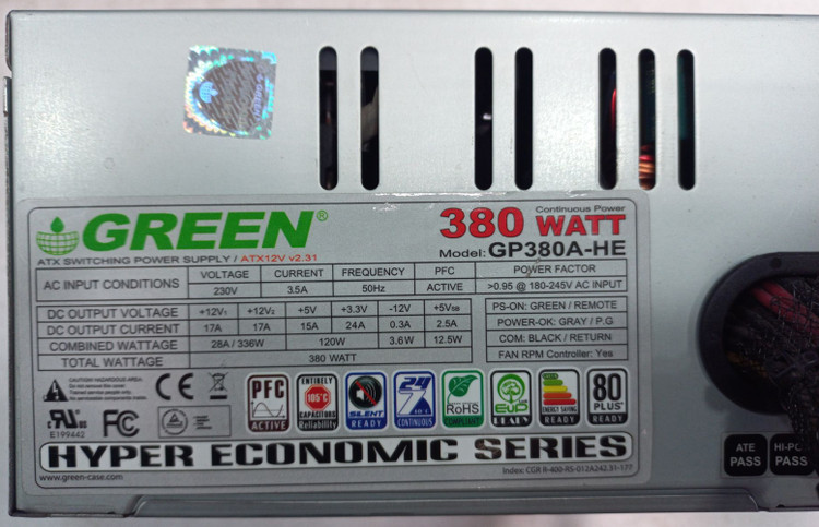 پاور گرین GP380A-HE استوک، پاور غیر ماژولار 380 وات، کانکتور 20+4 پین، 4 پورت SATA، Active PFC، گارانتی سلامت کالا