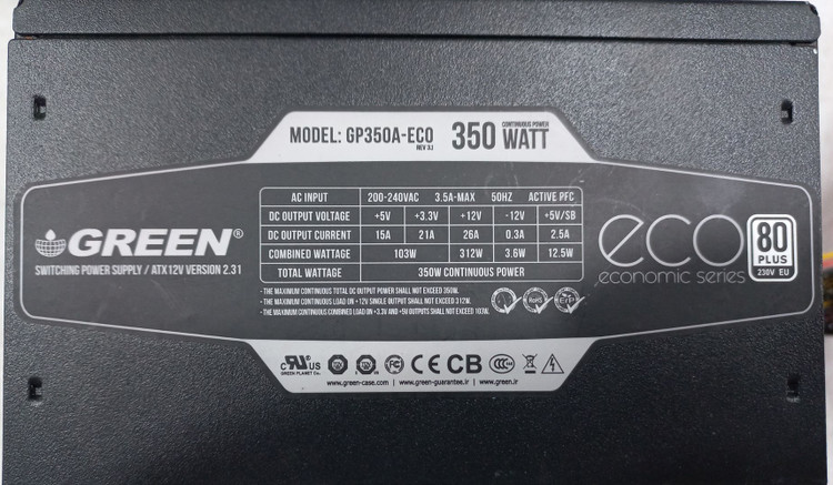 منبع تغذیه گرین مدل GP350A-ECO Rev3.1، پاور با راندمان 85 درصد، کابل های تخت، مناسب سیستم اداری و خانگی