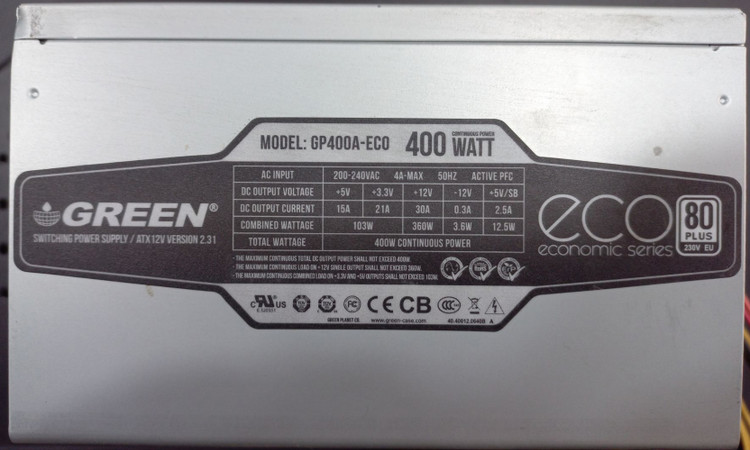 پاور گرین مدل GP400A-ECO، منبع تغذیه 400 وات گرین، پاور کامپیوتر Green 400W، گواهینامه 80PLUS Standard، فن 120 میلی متری