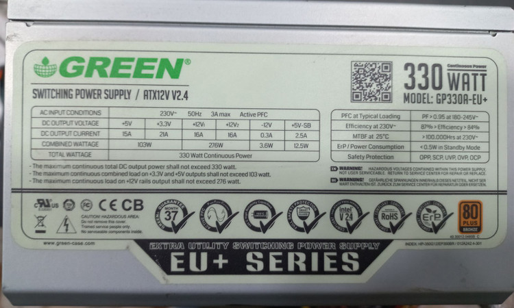 پاور گرین مدل GP330A-EU-PLUS، منبع تغذیه 330 وات گرین، پاور کامپیوتر Green 330W، گواهینامه 80PLUS Bronze، فن 120 میلی متری