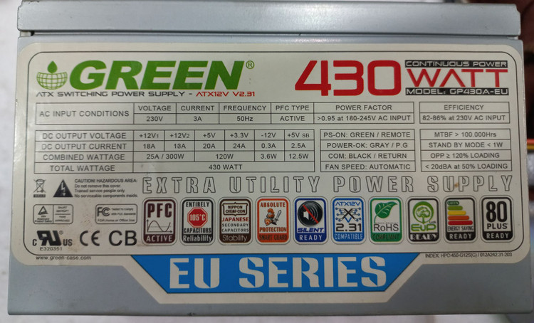 منبع تغذیه گرین مدل GP430A-EU، راندمان 86 درصد، ولتاژ ورودی 180-245 ولت، مناسب سیستم اداری و خانگی