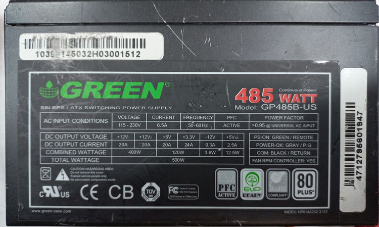 پاور گرین GP485B-US استوک، پاور غیر ماژولار 485 وات، کانکتور 20+4 پین، کانکتور PCI-E 6+2 پین، Active PFC