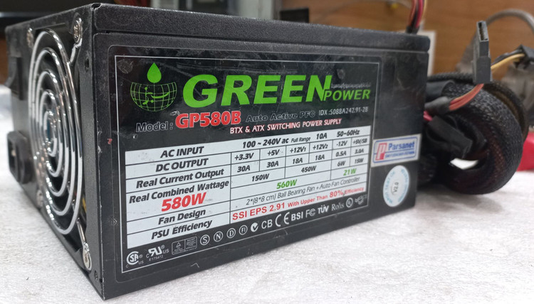 پاور گرین مدل GP580B، منبع تغذیه 580 وات گرین، پاور کامپیوتر Green 580W، فن 120 میلی متری
