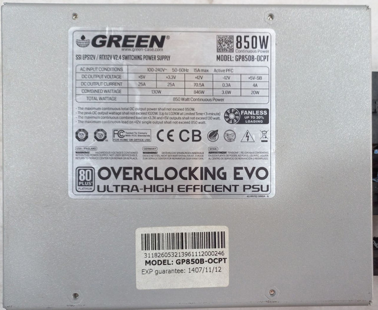 پاور Green GP850B-OCPT 850W، پاور گیمینگ حرفه ای، کانکتور 20+4 پین، ۶ کانکتور PCI-E، خازن های ژاپنی