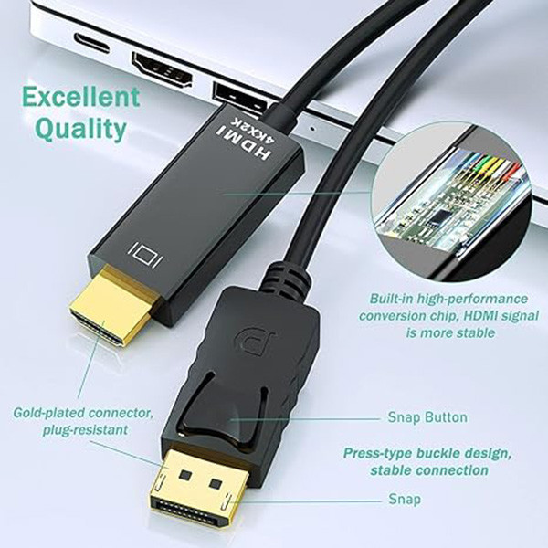 کابل تبدیل DisplayPort به HDMI با طول ۱.۸ متر، مناسب اتصال کامپیوتر و لپتاپ به مانیتور، تلویزیون و پروژکتور دارای ورودی HDMI؛ انتخابی کاربردی برای محیط کار و خانه.